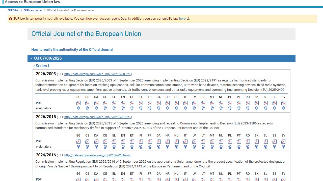 Zrzut ekranu oficjalnej strony eur-lex.europa.eu: EUR-Lex - Official Journal of the European Union
