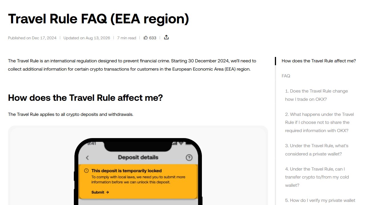 Zrzut ekranu oficjalnej strony okx.com: Travel Rule FAQ (EEA region)